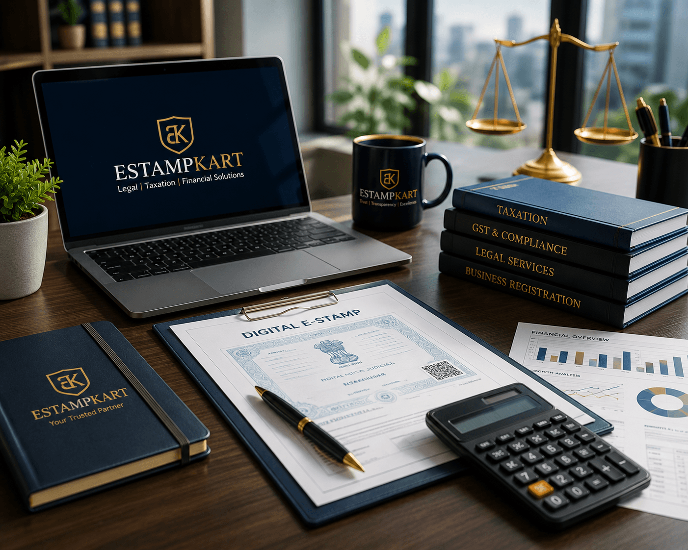 Premium corporate office workspace representing EstampKart legal, taxation, digital e-stamping and financial consultancy services with laptop, business documents and professional office desk.